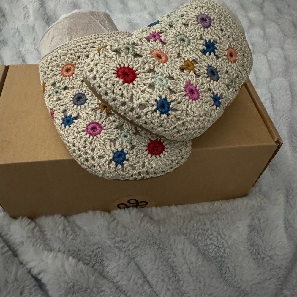 The Sak Cream Crochet Mules with Multicolor Floral Accents
